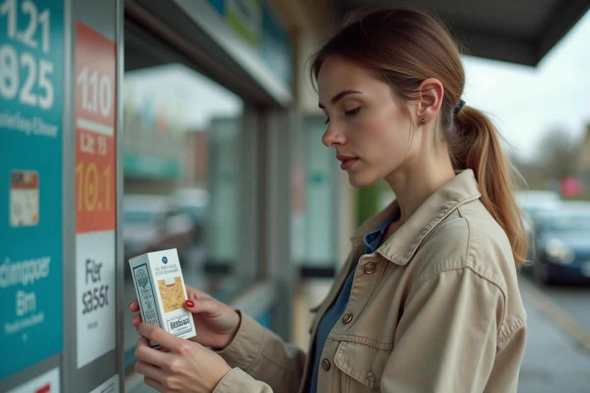 Femme examinant une cartouche de cigarettes Winston à un kiosque frontalier au Luxembourg en évaluant le prix