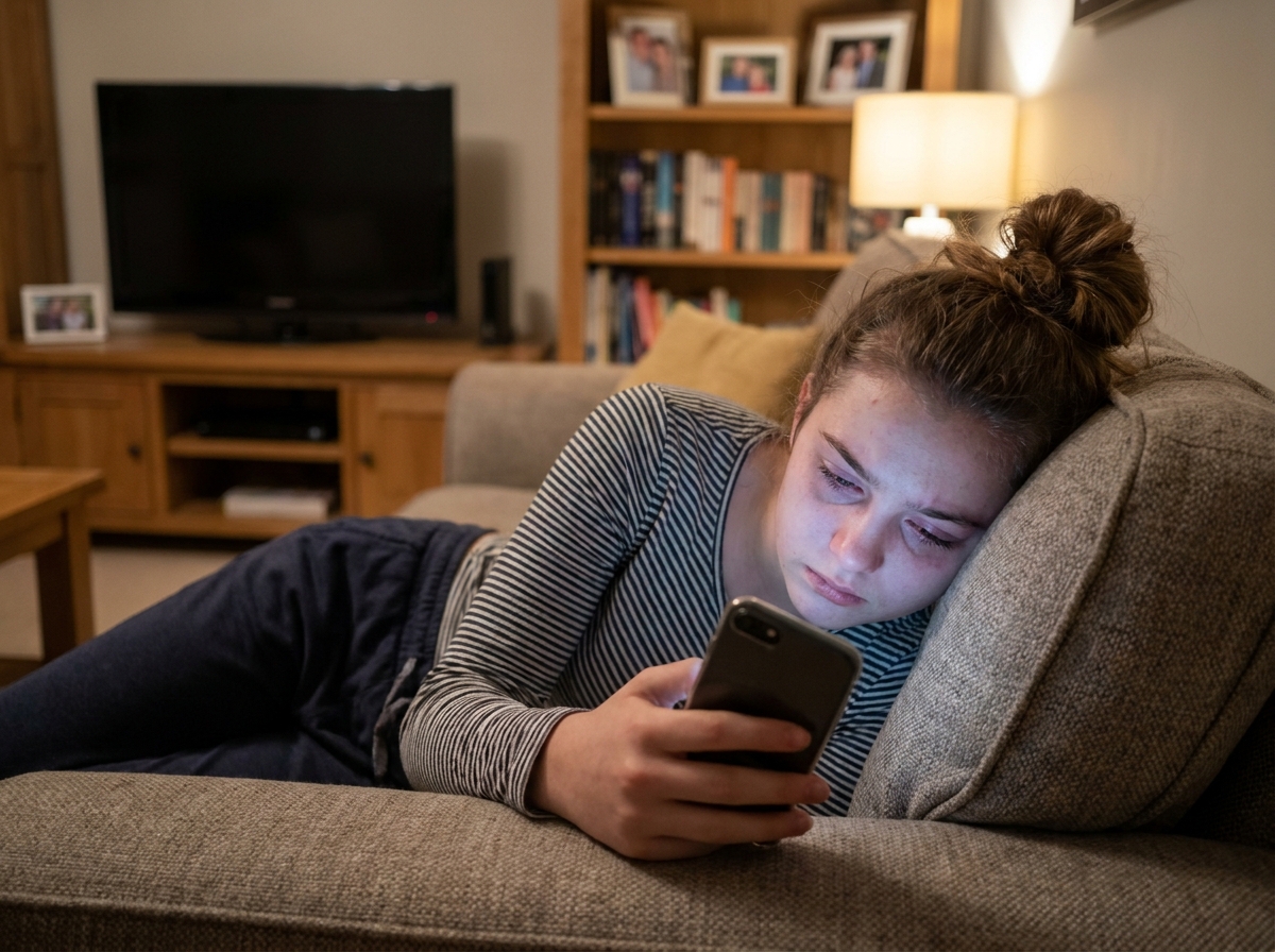 Adolescente allongée sur un canapé le soir, yeux rouges et fatigués, regardant un smartphone trop près du visage dans un salon familial