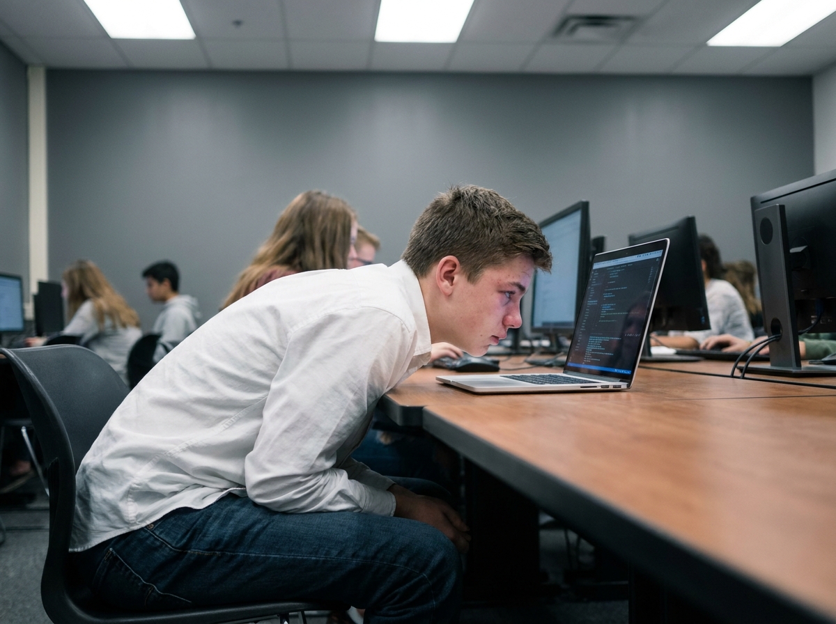Adolescent en salle informatique scolaire trop proche de son écran d'ordinateur portable, posture courbée et yeux fatigués