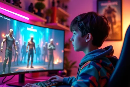 Adolescent jouant à Fortnite devant un écran affichant des skins de personnages gratuits