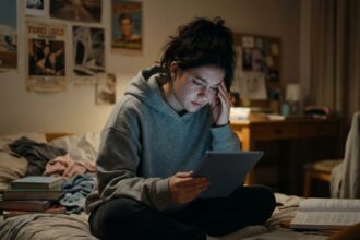 Adolescente de 16 ans regardant une tablette de trop près dans sa chambre, yeux plissés par la fatigue visuelle liée aux écrans