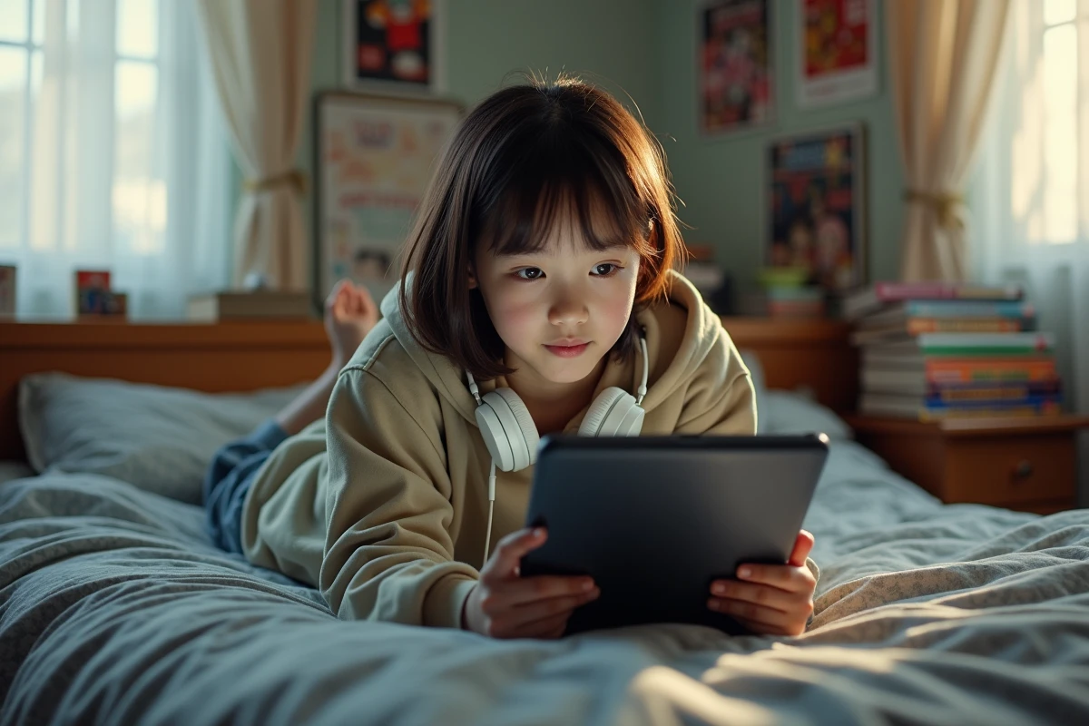 Adolescente lisant le scan de One Piece en ligne sur une tablette dans sa chambre