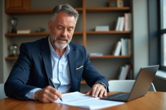 Agent immobilier en blazer bleu dans un bureau moderne