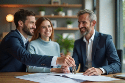 Agent immobilier remettant des clés à un jeune couple dans un bureau