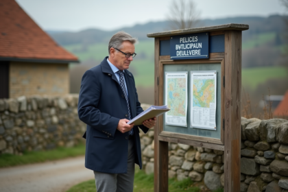 Agent municipal lisant un dossier devant un panneau rural