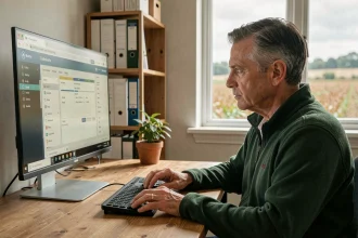 Agriculteur utilisant Simagri France 2 sur navigateur dans un bureau agricole moderne