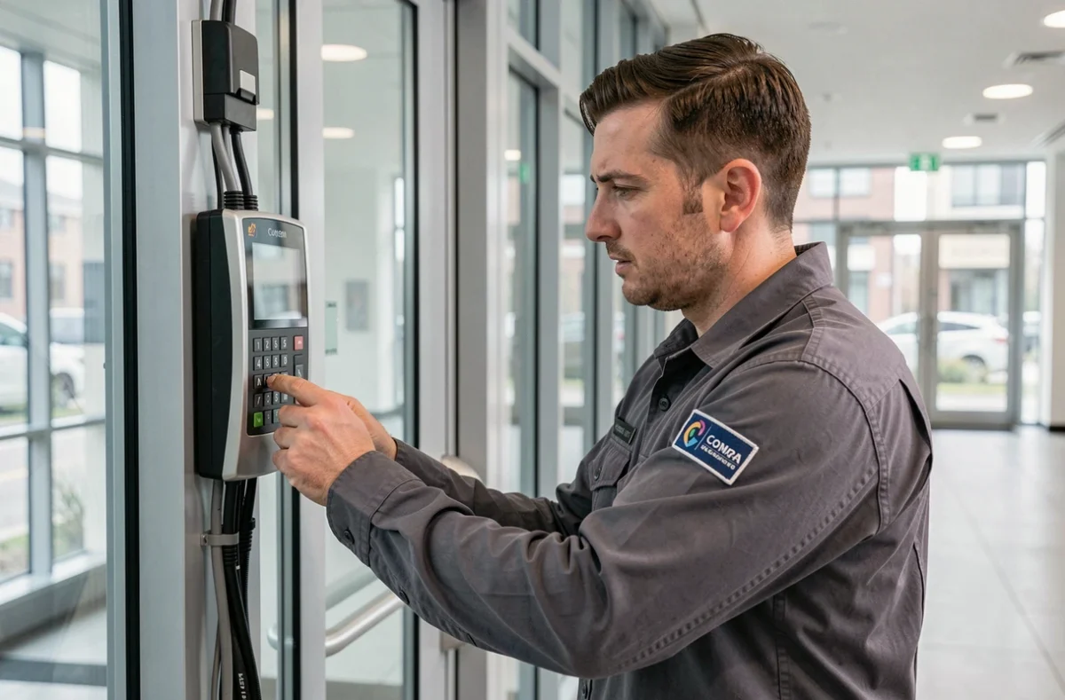 Technicien AMCO-CREATECH installant un système de contrôle d'accès électronique dans un immeuble de bureaux