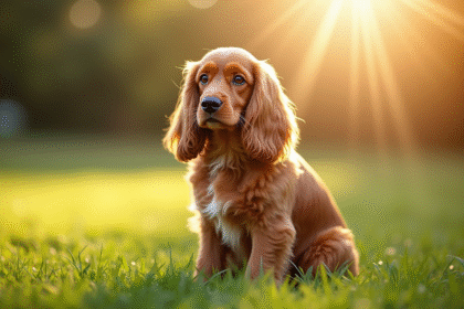 Cocker spaniel assis sur l'herbe en plein soleil