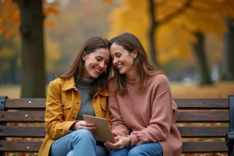 Deux amies riant ensemble sur un banc de parc en automne, tenant des lettres manuscrites, ambiance chaleureuse et nostalgique