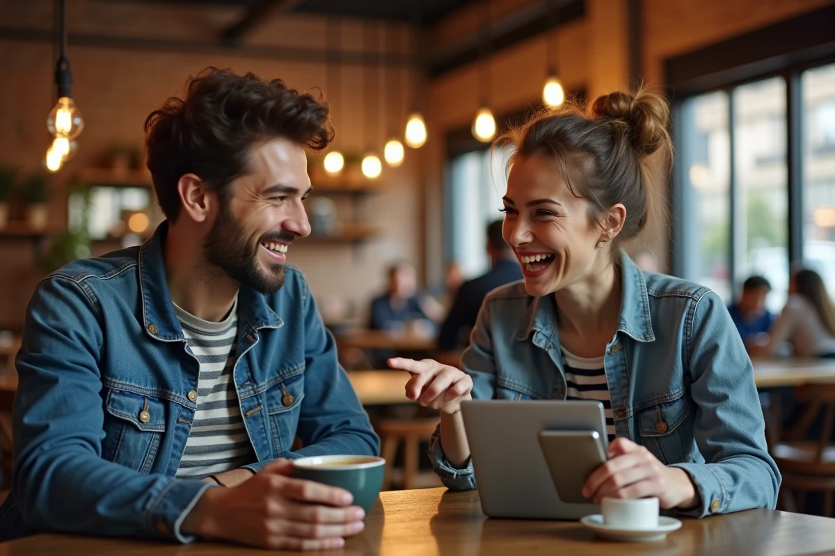 Deux amis geeks dans un café discutant de jeux vidéo et séries en consultant un blog sur leurs appareils numériques