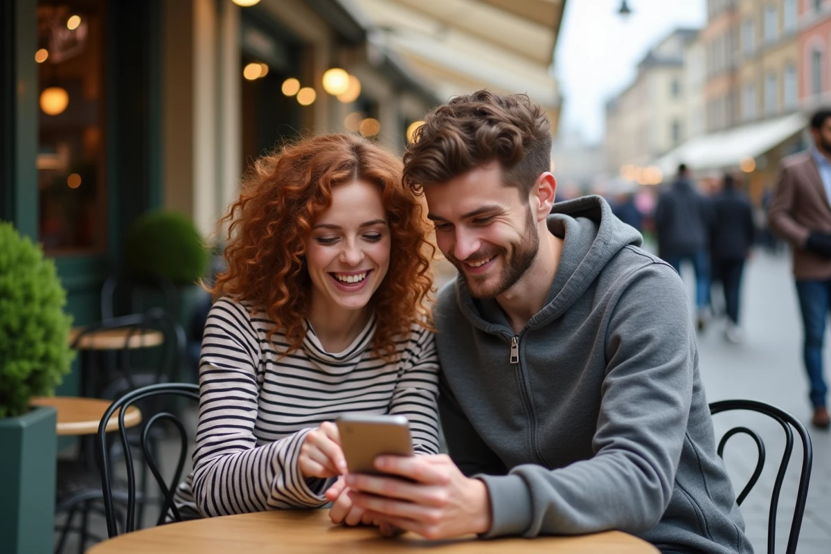 Deux amis en terrasse de café partageant des astuces pour obtenir des dés gratuits sur Monopoly GO