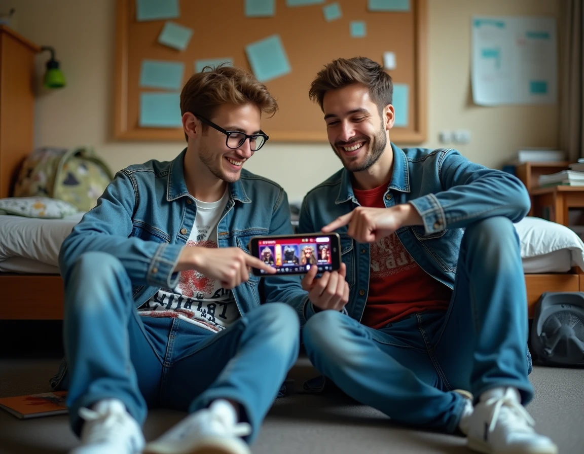 Deux amis découvrant ensemble les skins gratuits disponibles sur Fortnite via un smartphone