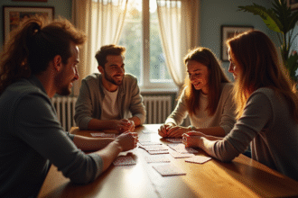 Quatre amis jouent à un jeu de cartes autour d'une table ensoleillée