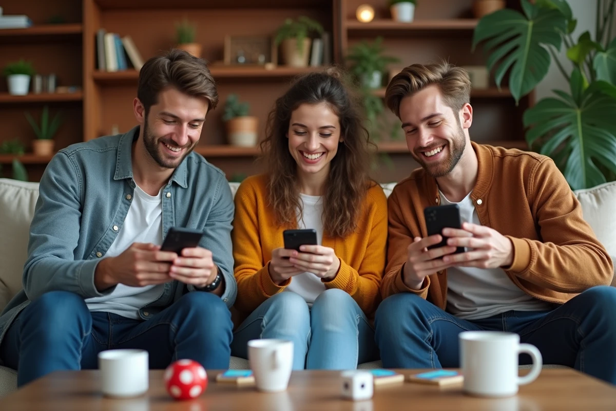 Trois amis jouant à Monopoly sur smartphone dans un salon convivial