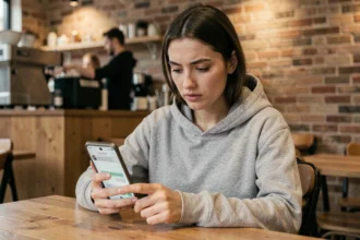 Jeune femme utilisant une application de messagerie anonyme sur son smartphone dans un café, alternative à Coco pour discuter sans tomber sur des inconnus indésirables