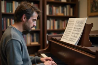 Homme adulte apprenant à jouer Let It Be des Beatles sur un piano droit en consultant une partition imprimée