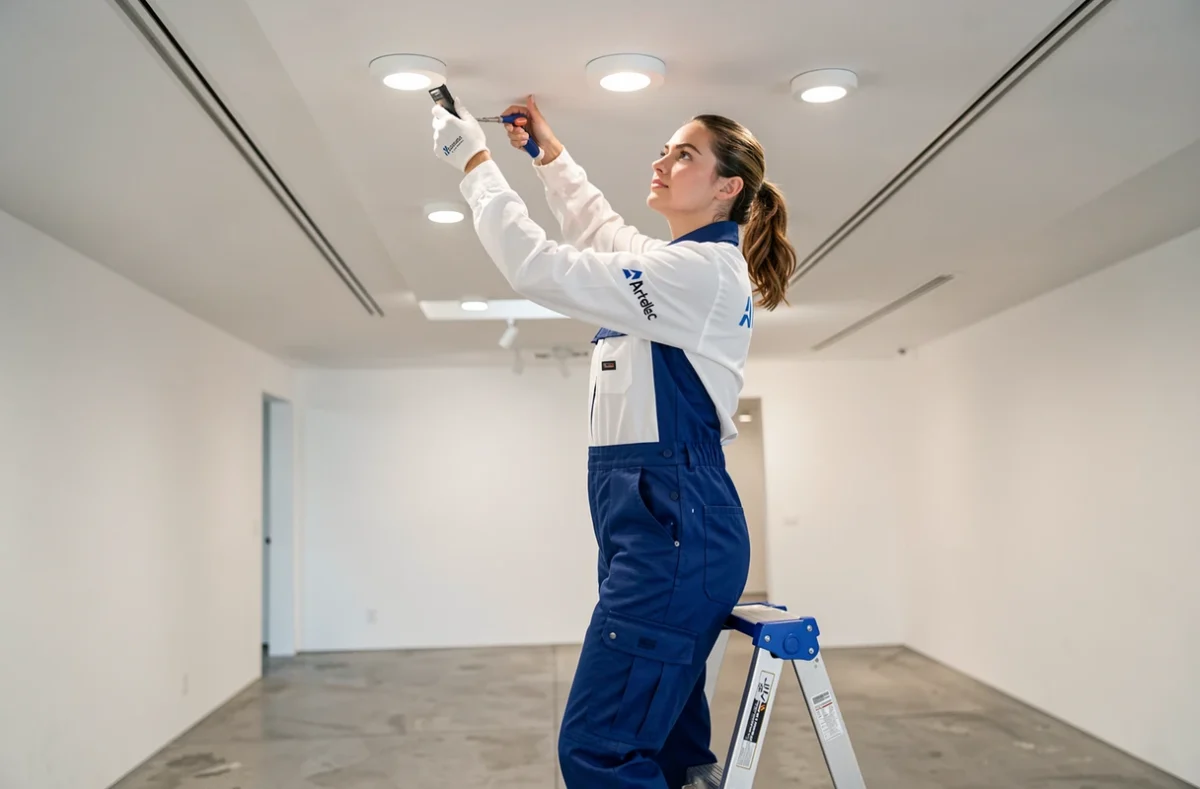 Électricienne Artelec installant des spots encastrés dans le plafond d'un espace contemporain à Montpellier