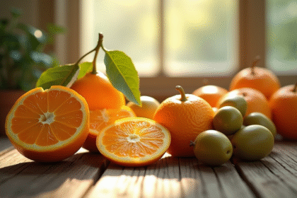 Assortiment de fruits O comme oranges et olives sur une table en bois
