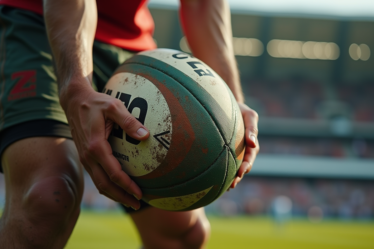 Gros plan sur un ballon de rugby dans les mains d