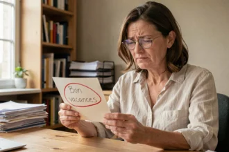 Femme lisant une carte de vœux avec la faute 'Bon vacances' entourée en rouge, illustrant l'erreur orthographique courante à éviter