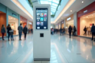 Borne photomaton moderne installée dans un centre commercial avec interface tactile et options de personnalisation visibles