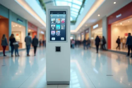 Borne photomaton moderne installée dans un centre commercial avec interface tactile et options de personnalisation visibles