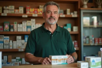 Buraliste luxembourgeois tenant un carton de cartouches de cigarettes Winston derrière son comptoir dans un bureau de tabac