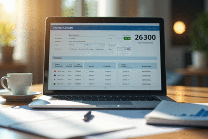 Espace de travail professionnel avec calculatrice de fiche de paie