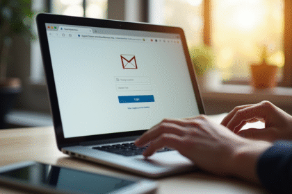 Bureau avec ordinateur portable affichant une page de connexion email