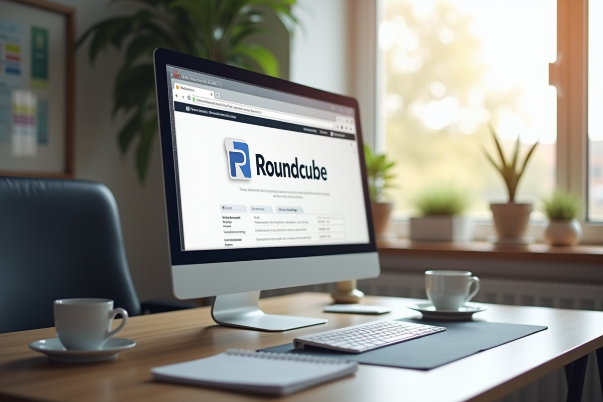 Bureau moderne avec ordinateur affichant Roundcube webmail