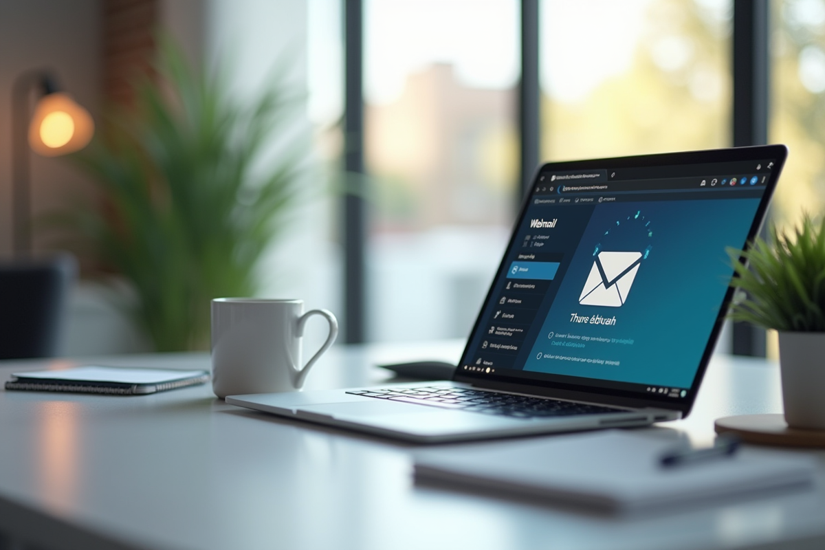 Bureau moderne avec ordinateur affichant webmail professionnel
