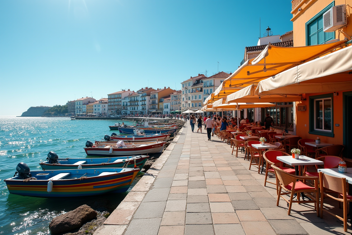 Cafés colorés et bateaux de pêche à Costa da Caparica