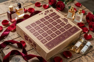 Calendrier de l'Avent Hugo Romance posé sur une table en bois rustique avec des pétales de rose et des miniatures de beauté autour