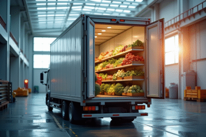 Camion frigorifique chargé de produits frais au quai