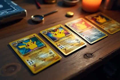 Comparaison entre une carte Pokémon Pikachu holographique rare et deux cartes communes sur une table en bois, avec loupe de collectionneur