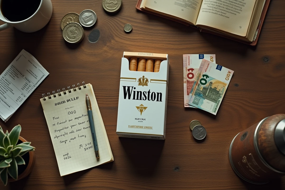 Vue aérienne d'une cartouche de cigarettes Winston posée sur une table avec des euros et des notes de prix manuscrites
