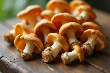 Champignons chanterelles frais sur une table en bois