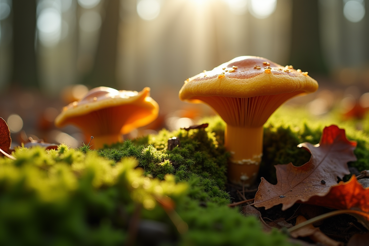 Chanterelles poussant sur le sol en forêt parmi la mousse