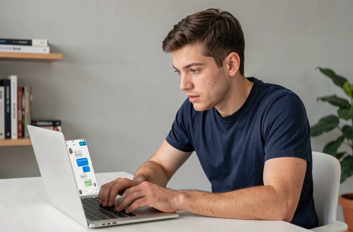 Homme utilisant un service de chat anonyme alternatif à Coco sur son ordinateur portable depuis son bureau à domicile, pour discuter en ligne de manière sécurisée