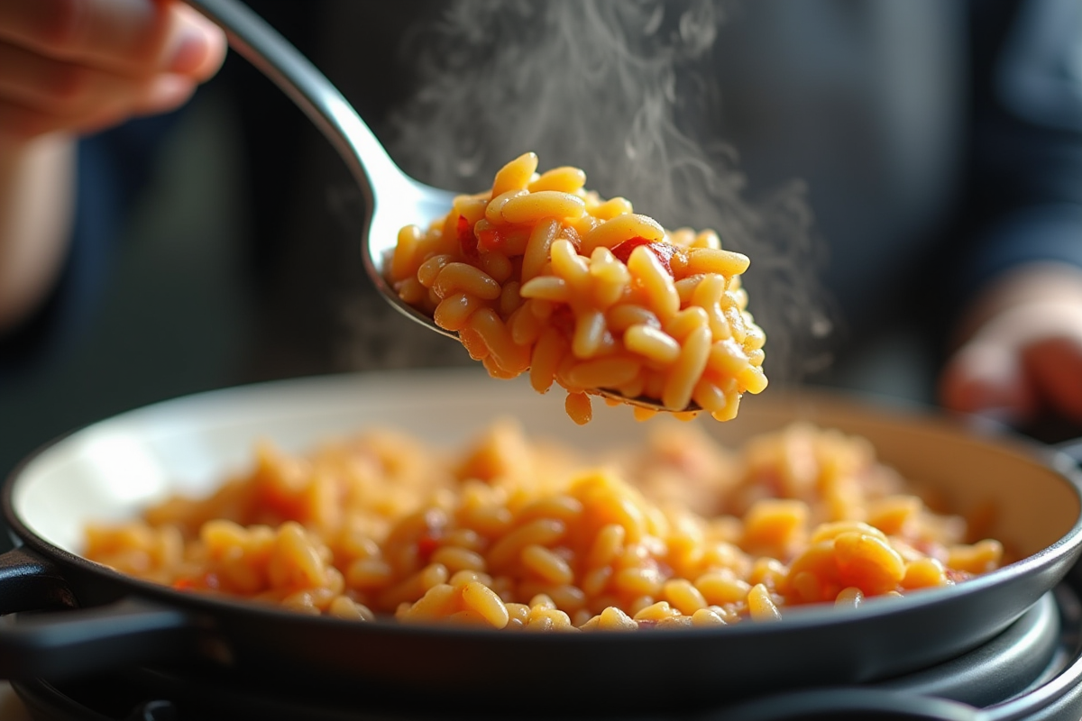 Chef servant un risotto au chorizo depuis un Cookeo en gros plan