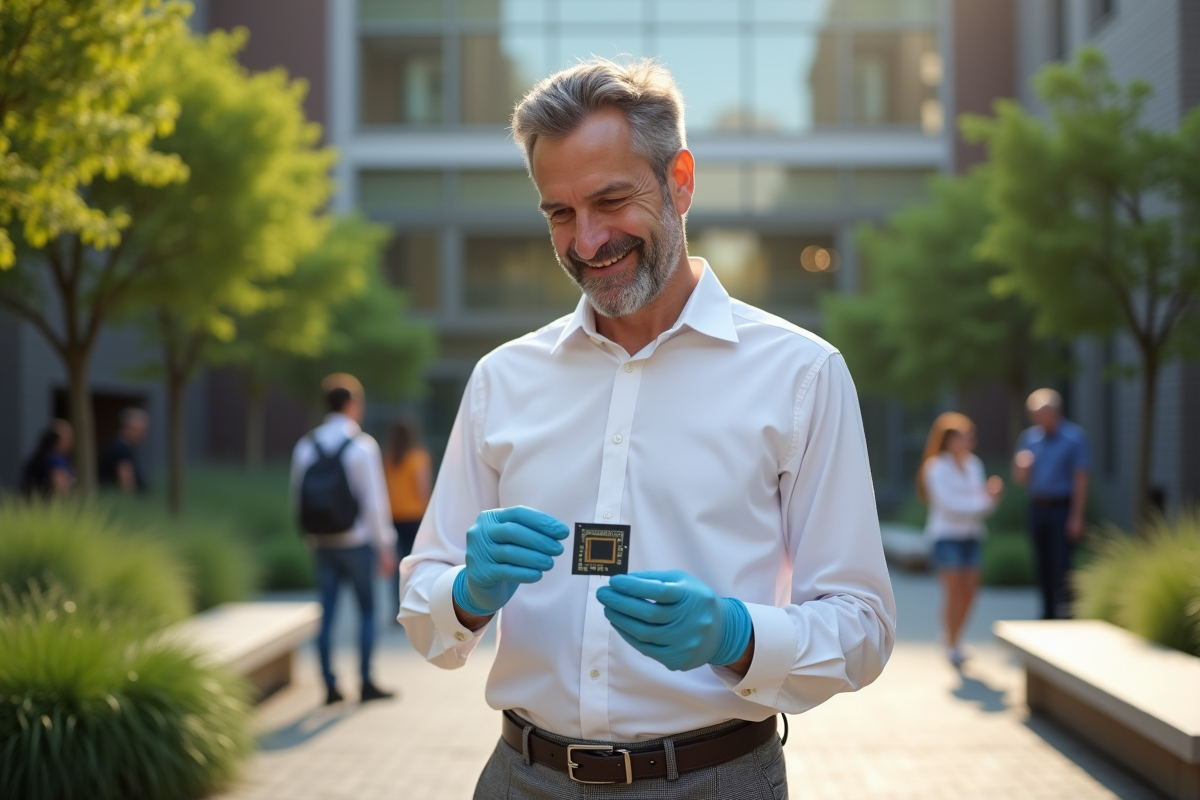 Chercheur examinant une puce quantique dans un jardin universitaire