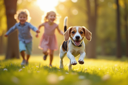 Beagle joyeux courant avec des enfants dans un parc ensoleille