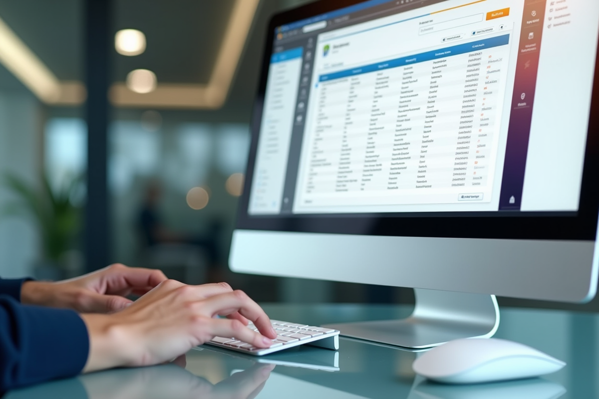 Mains tapant sur clavier avec écran de gestion des emails