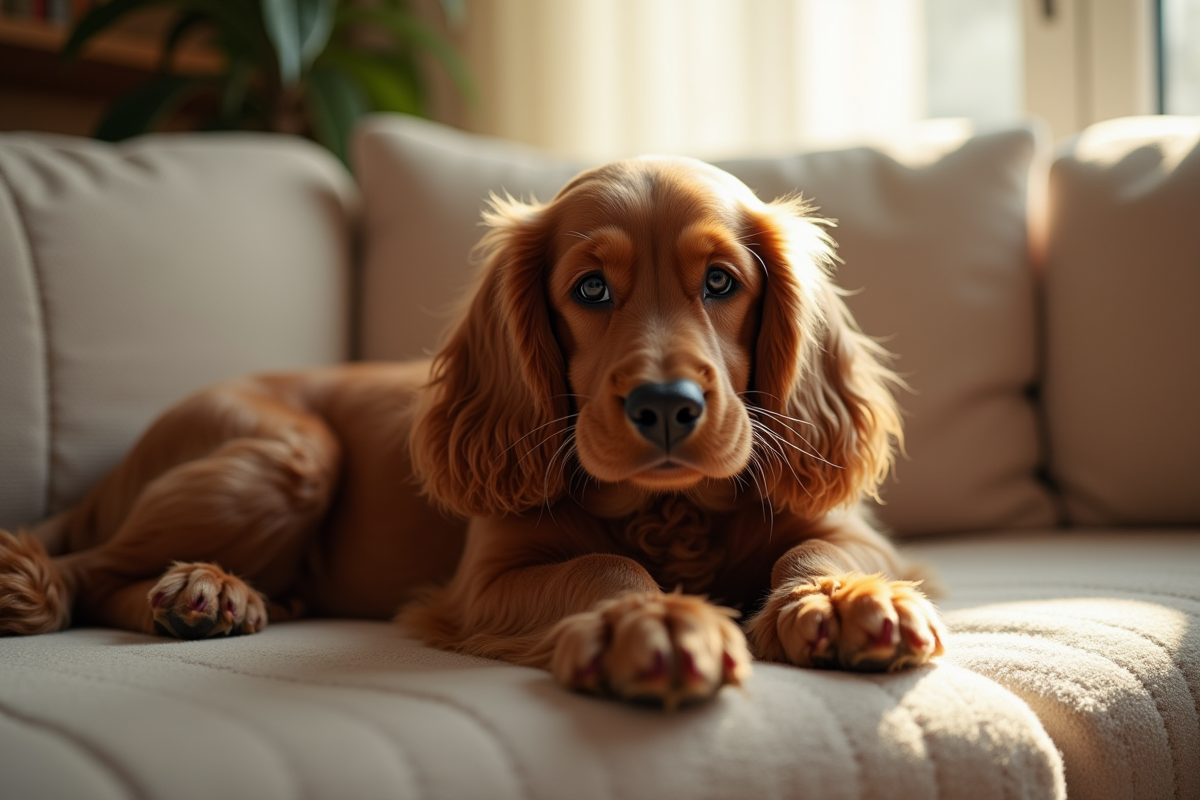 Cocker spaniel allongé sur un canapé cosy à la maison