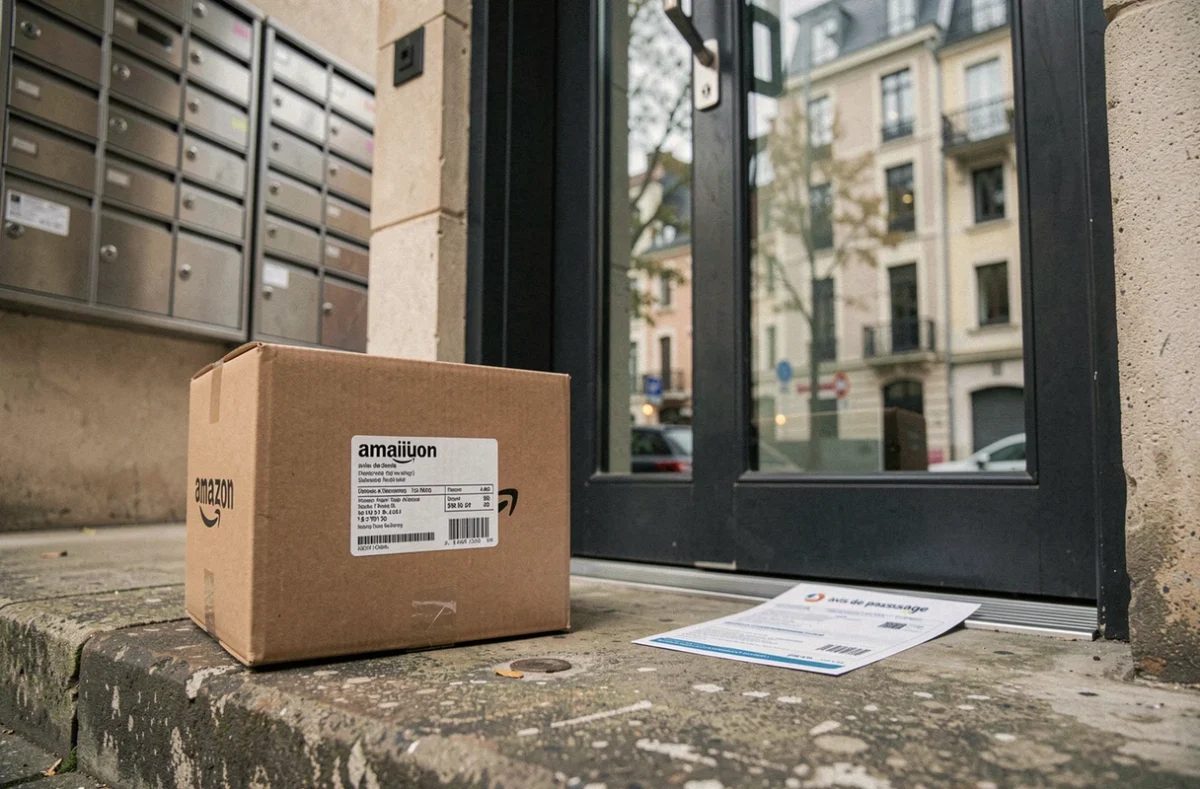 Colis Amazon abandonné devant la porte d'un immeuble avec un avis de passage glissé sous la porte