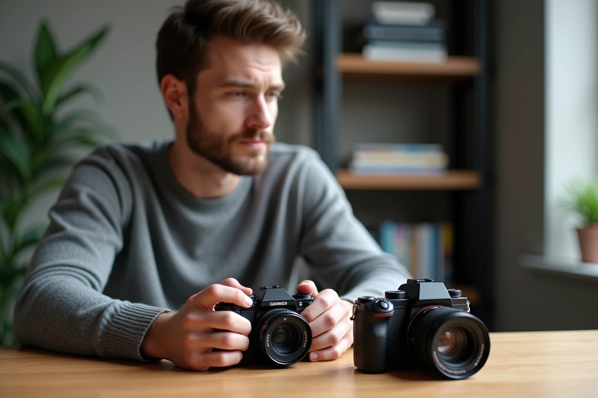 Comparaison entre appareil photo numérique et jetable réutilisable posés sur un bureau en bois