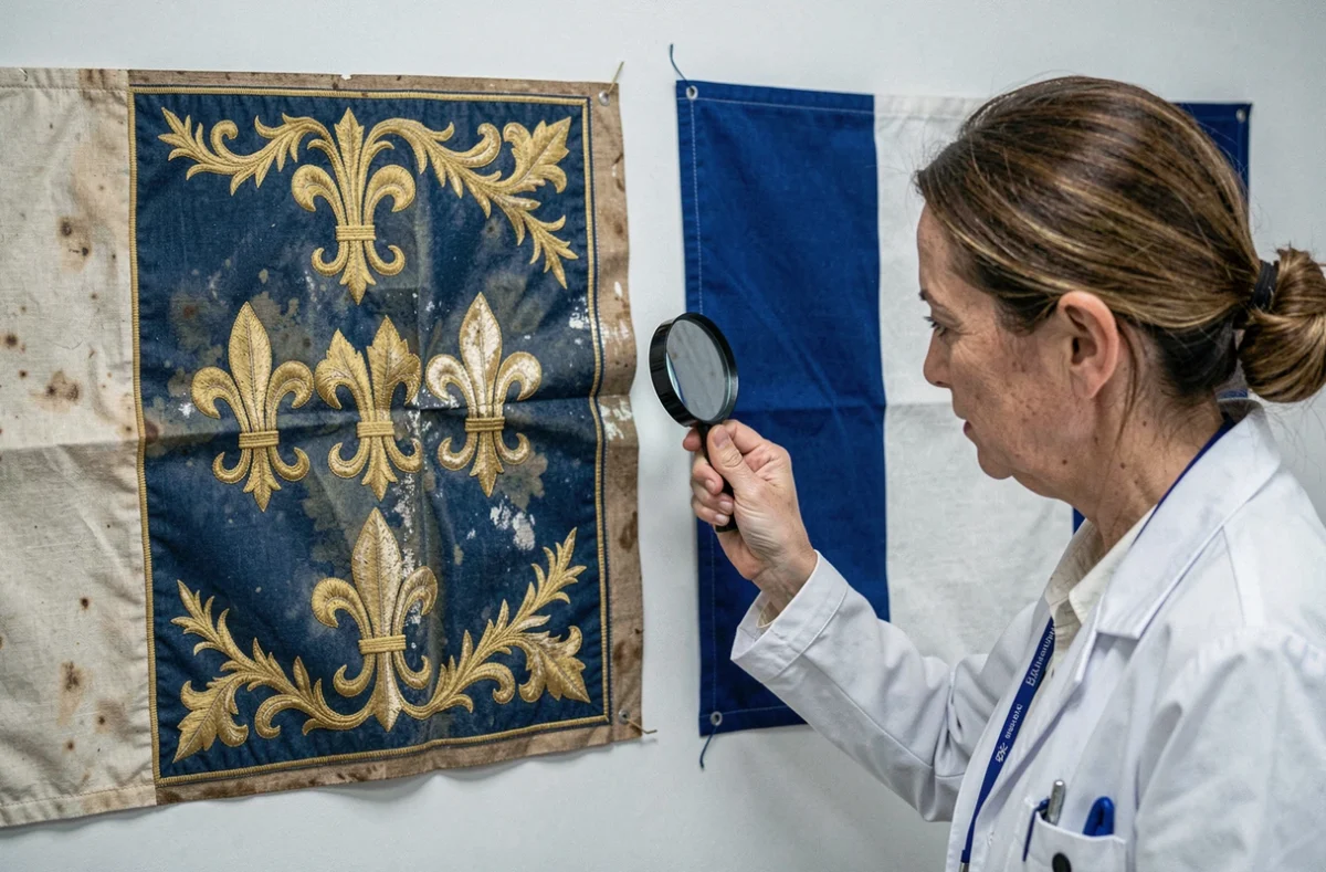 Experte en textile comparant un vrai drapeau des rois de France avec une reproduction moderne, analysant les détails de broderie et de tissage