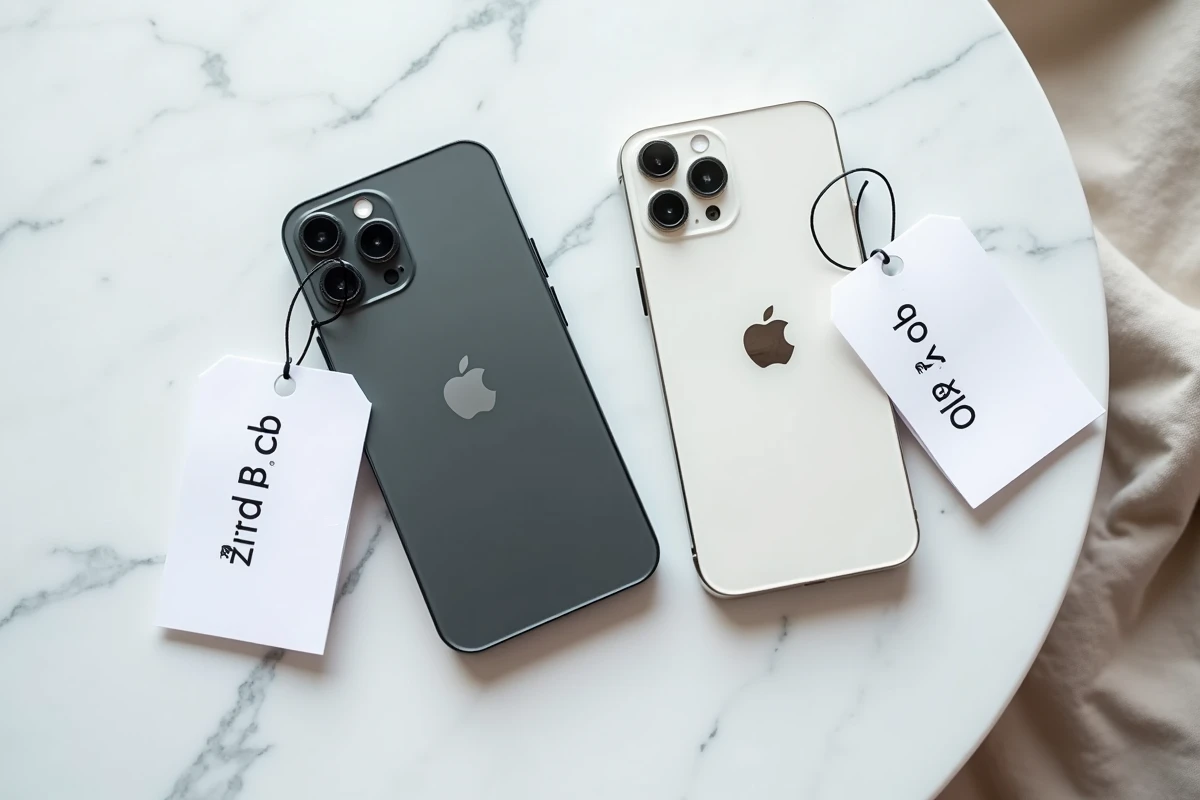 Comparaison des prix de l'iPhone 14 entre l'Apple Store officiel et les revendeurs en ligne avec étiquettes de prix