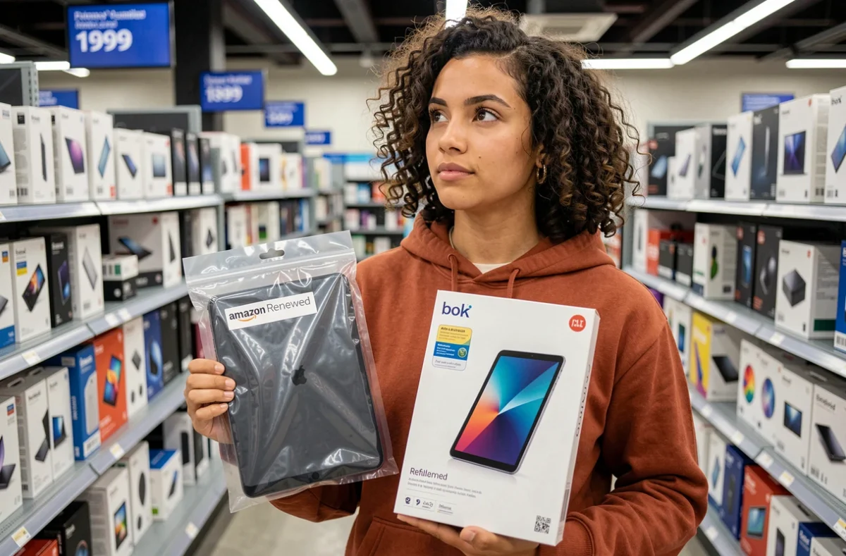Personne comparant un emballage reconditionné Amazon Renewed et un produit neuf dans un rayon de magasin électronique