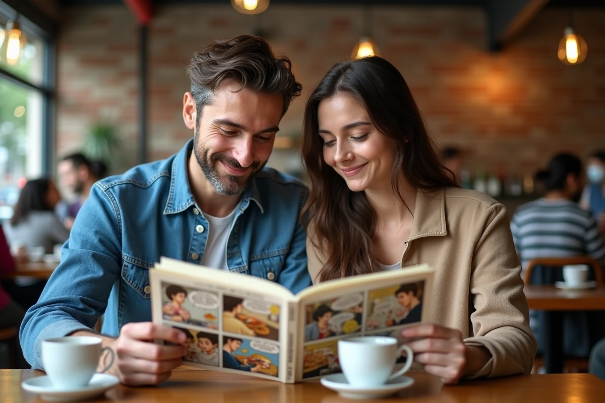 Deux lecteurs comparant une version originale et une version française d'un chapitre de One Piece dans un café